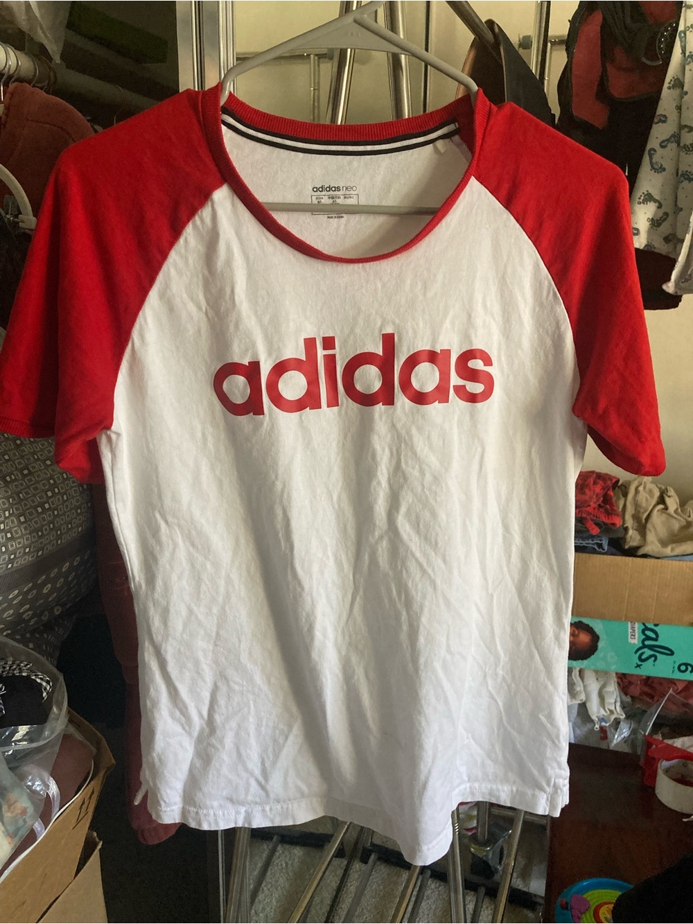adidas 100% cotton women’s White Tee with Red Raglan Sleeves Size M